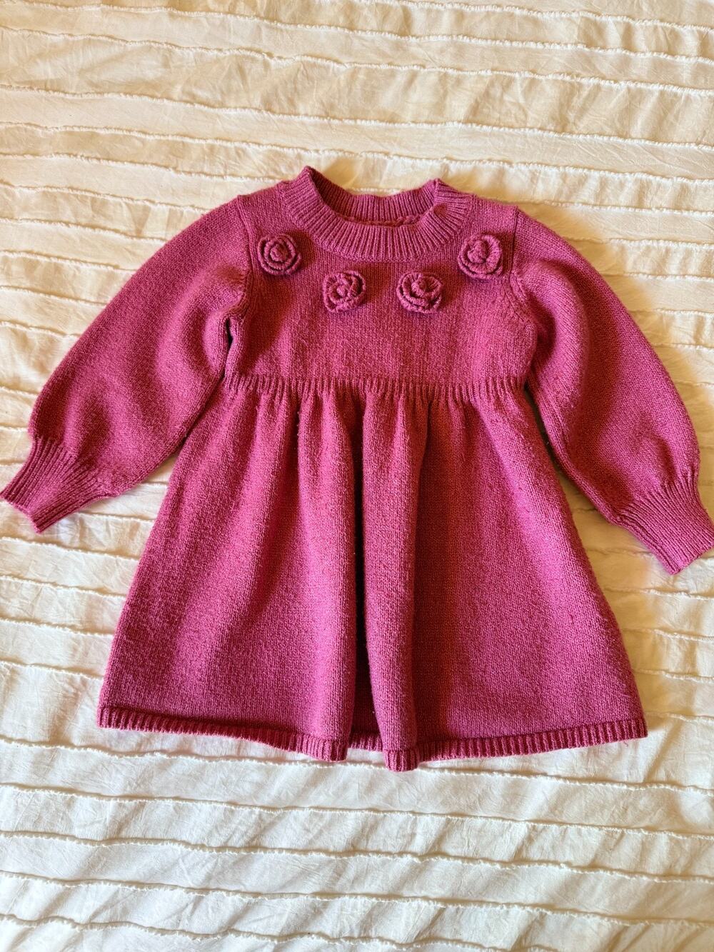 Cat & Jack Girls 2T Pink Sweater Dress 3D Rosette Flowers Long Sleeve Sparkle